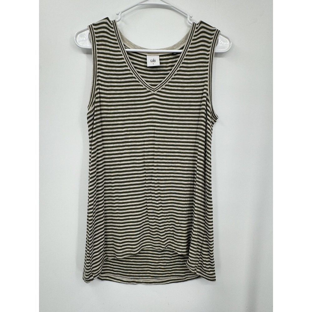 Cabi Small Tank Top Womens Olive Green Oatmeal Striped V-Neck Sleeveless 5561